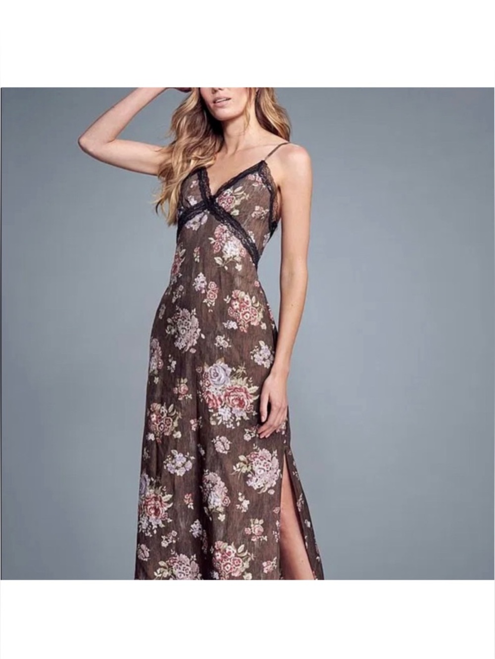 Brock Collection X H&M Brown Floral Lace Trim Slip Dress Size Medium